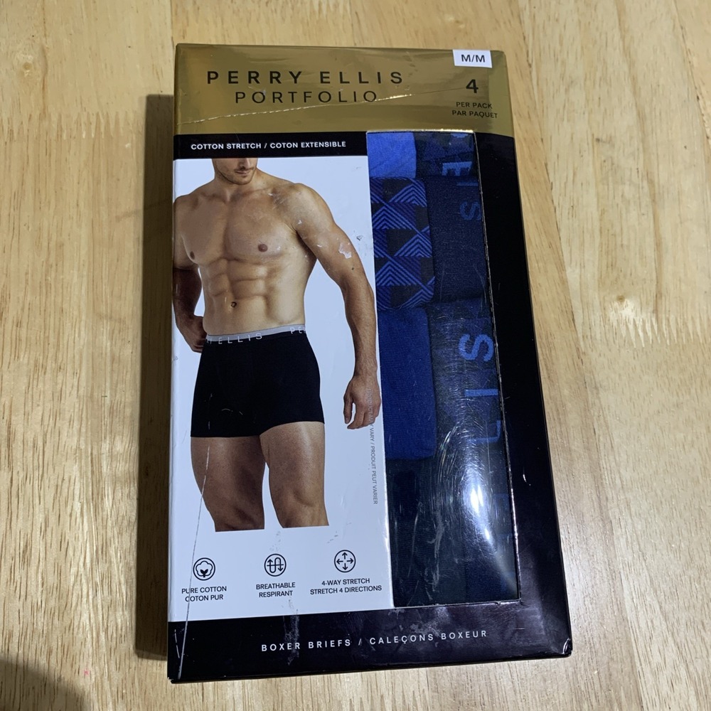4 Pack PERRY ELLIS Men's M 32-34 Soft Cotton Stretch Logo Boxer Briefs Assorted